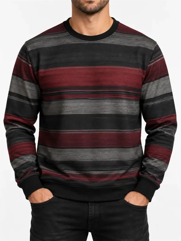 Moletom masculino listrado vintage, gola redonda, casual, manga comprida, pulôver, bloco de cores, outono, moda diária, top clássico