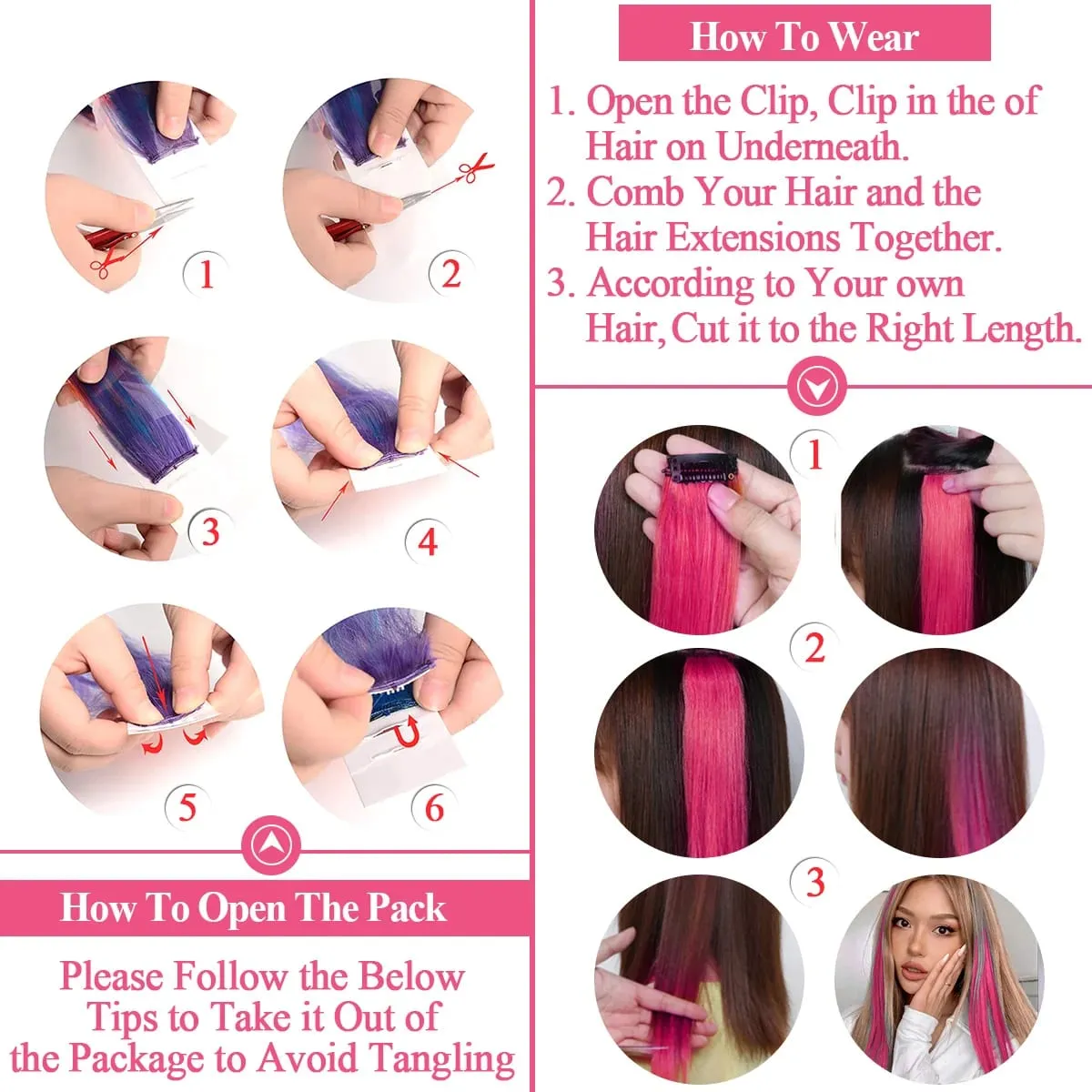 22Inch 10Pcs Colored Highlight Synthetic Hair Extensions Pink Straight Hairpieces for Women Kids Girls Party Cosplay