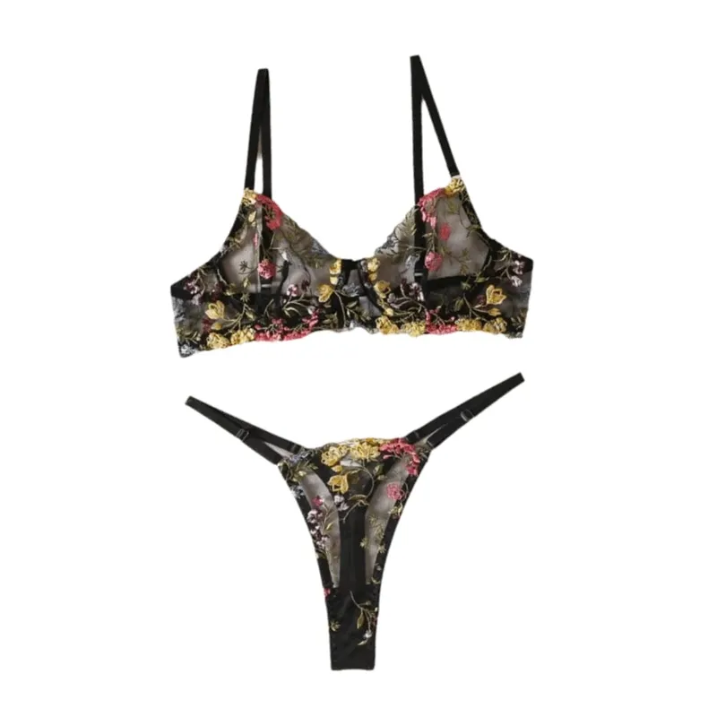 Sheer Intimates Transparent Lingerie Set Ultra-thin Elegant Embroidery Floral Underwear Push Up Bra Suit Women