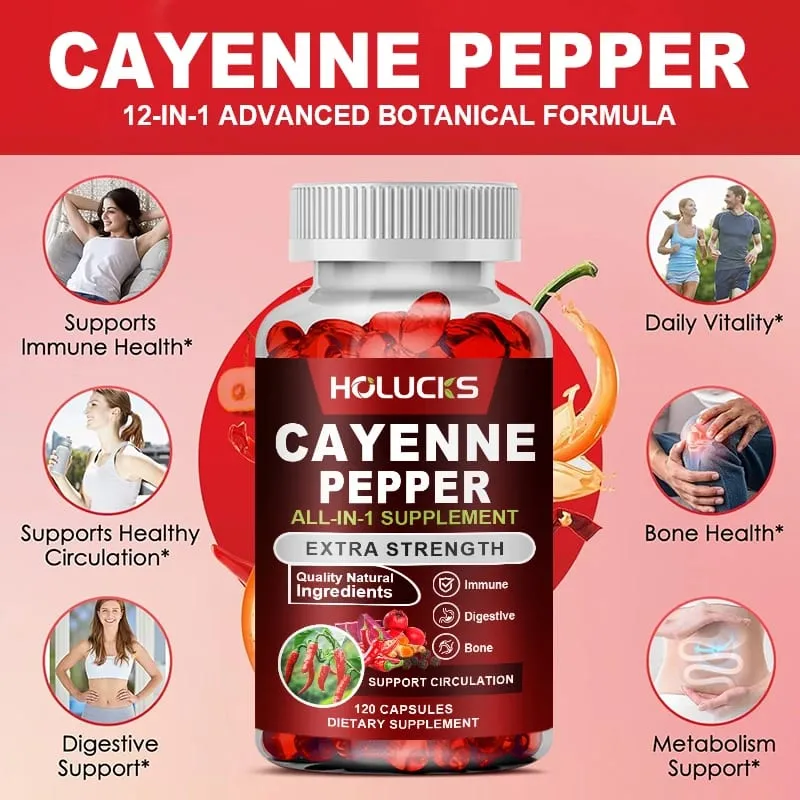 Cayennepfeffer-Kapseln unterstützen den Stoffwechsel und die Verdauung. Nahrungsergänzungsmittel, vegan, gentechnikfrei
