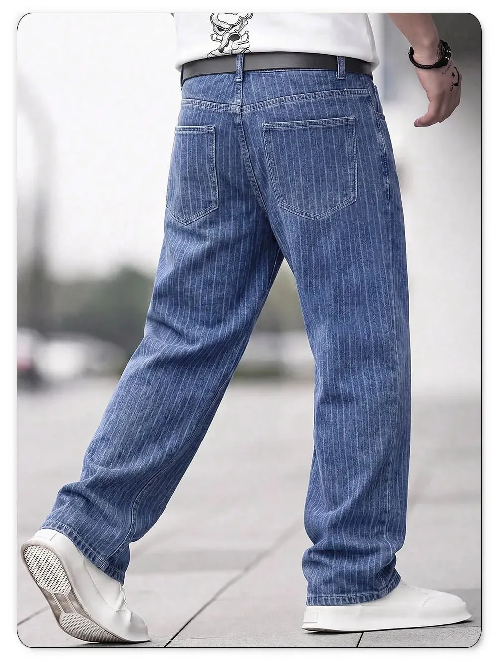 Men Vertical Thin Stripe Jacquard Baggy Denim Pants Classic Blue Loose Wide Leg Straight Leg Vintage Washed Jeans