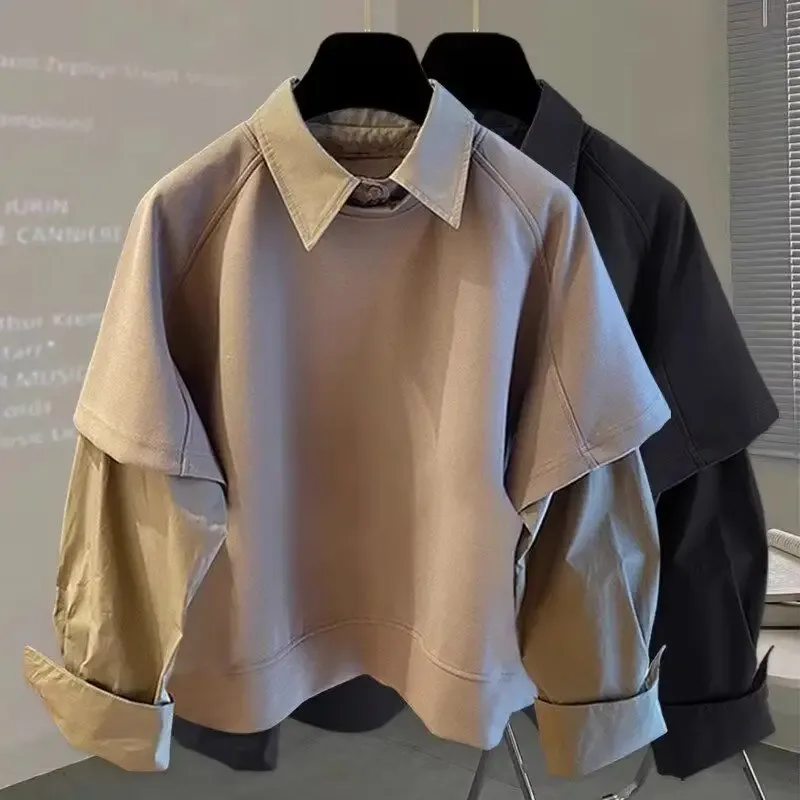 Two-piece Spliced long-sleeved Shirt for Autumn Winter Men's New Sweatshirt Korean Style Trendy Loose Fashion Versatile Top