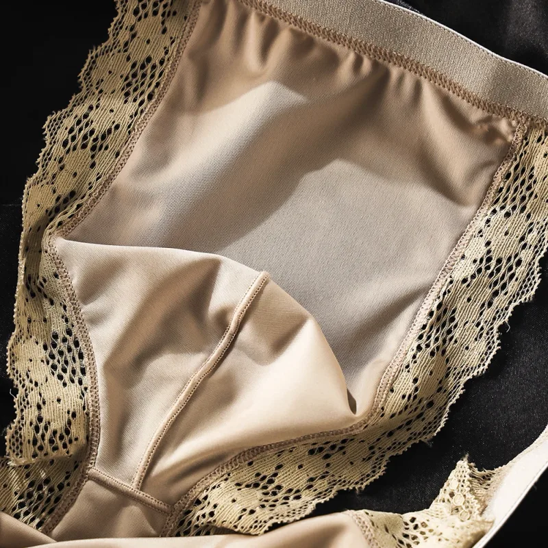 Satin-like Comfortable Men Panties Lace Trim Briefs Sexy High Fork Bikinis Underwear Breathable Low Waist Pouch