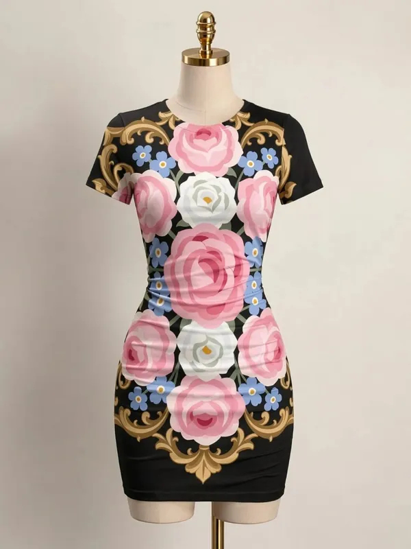 Womens Short Sleeve Bodycon Mini Dress Slim Fit Crew Neck Floral Print Casual Summer Party Cute Elegant Smooth Vacation Sundress