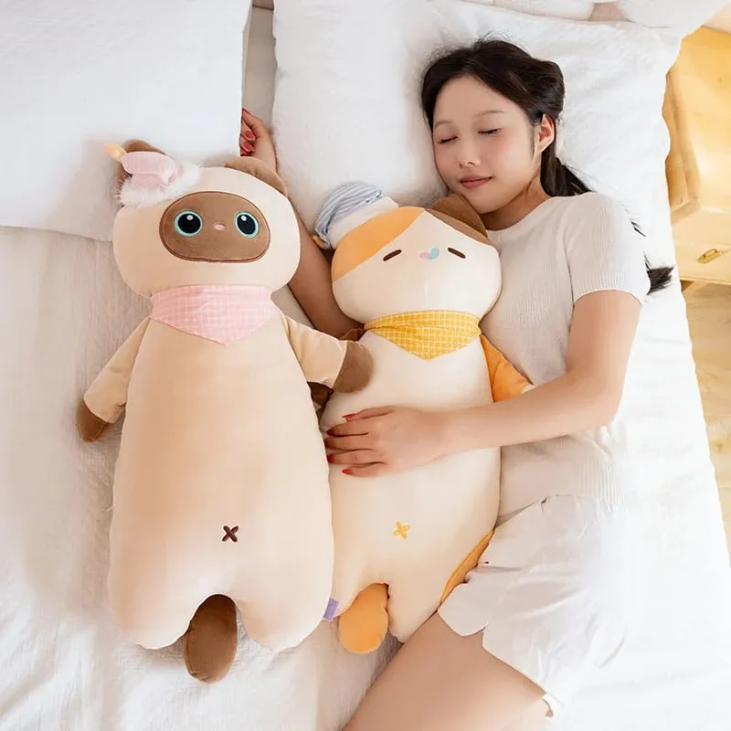 58cm Cute Sweet Dream Good Night Cat Throw Pillow Three Flowers Siam Coal Briquette Cat Doll Soft Stuffed Friend Gift