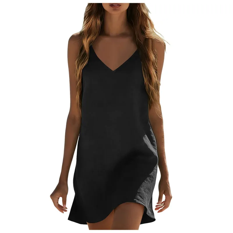 Cotton Linen Dresses For Women Summer Sleeveless V Neck Mini Dress Loose Fit Casual Beach Vacation платье летнее
