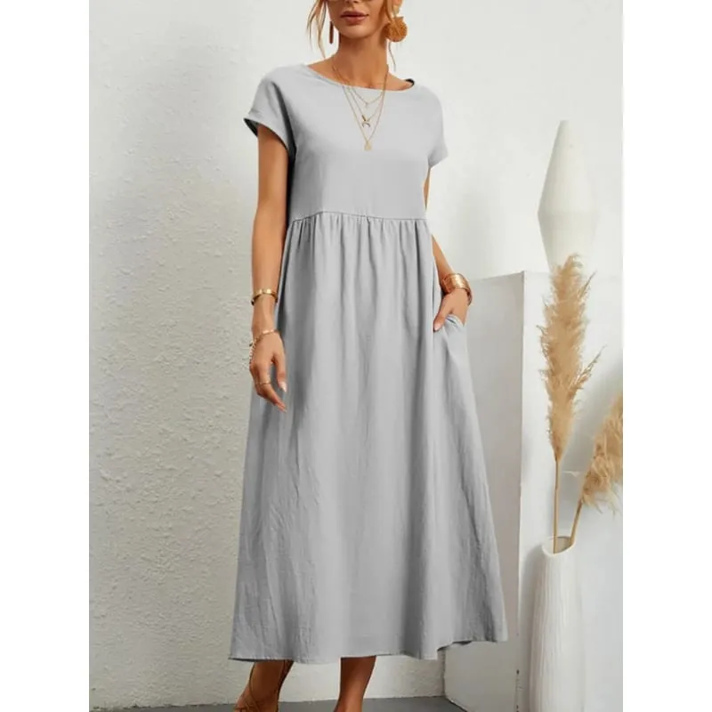 Premium Elegant Solid Cotton Linen Dress Summer Midi with Pockets Loose Fit Casual Crew Neck Short Sleeve for Beach Travel — image 9