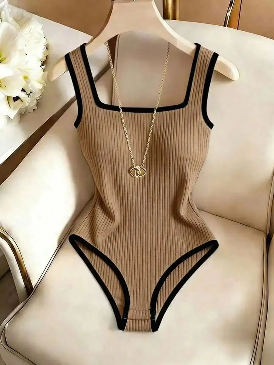 3pcs Women's Ribbed Bodysuit Set Fashionable Black Piped Square Neck Waist-Cinching Style Summer Nightlife Wear Elegant Beach Ou — image 12