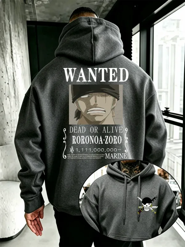 Bandai One Piece Mens Hoodie New Autumn Winter High Quality Warm Pullover Featuring Zoro Wanted Poster Print Casual Style