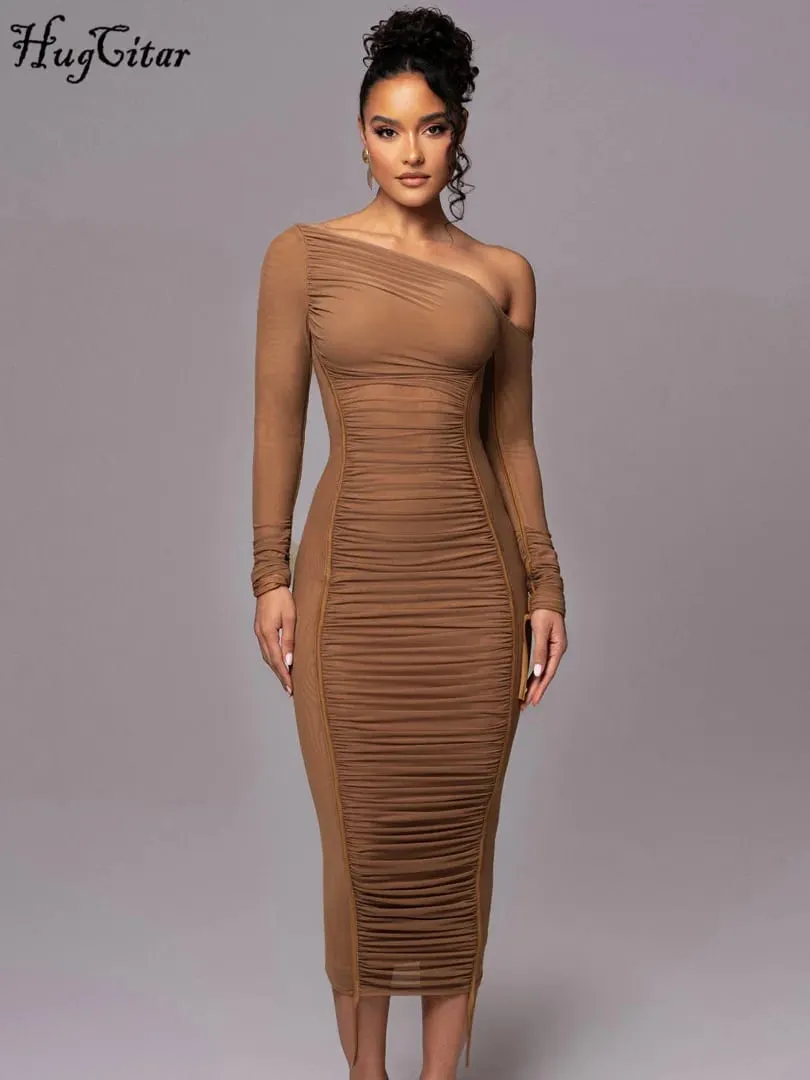 Hugcitar Mesh Solid Diagonal Krave Langærmet Draperet Sexet Gennemsigtig Bodycon Maxikjole Sommermodetøj Festival Club