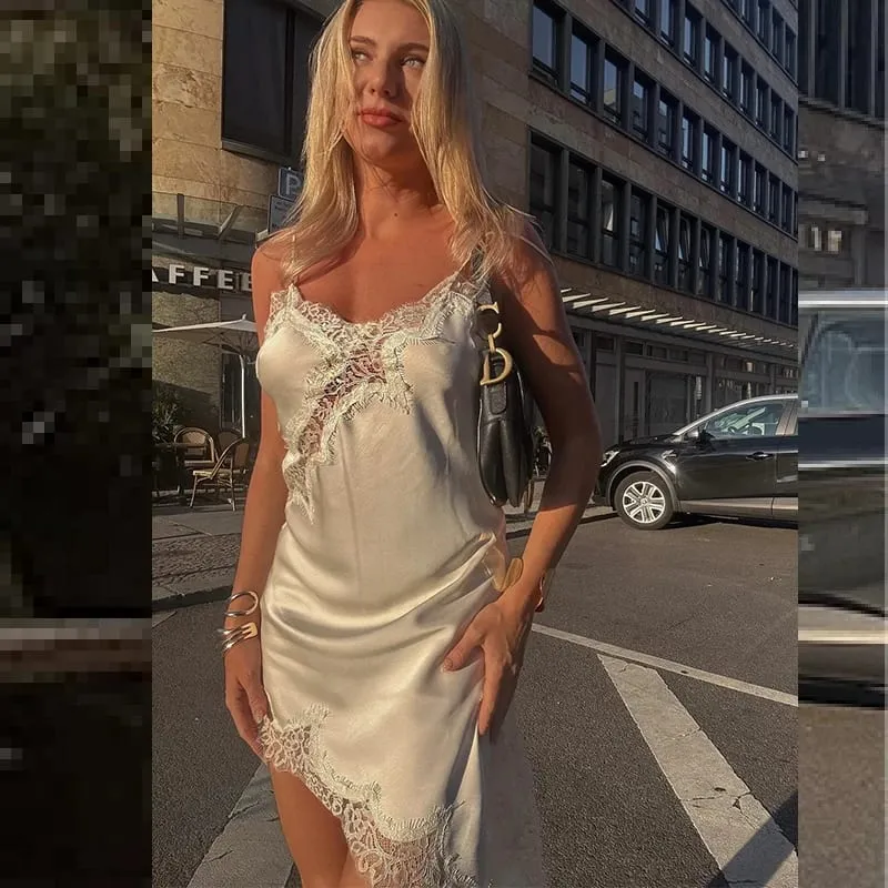 Slip Womens Dresses Sleeveless Black Lace Dress Woman Asymmetrical Elegant Party Dresses Sexy Backless Satin Yellow Dress