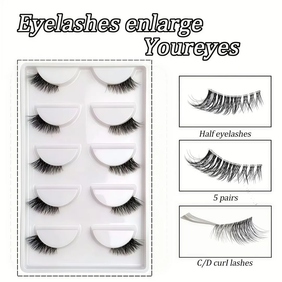 Fox Eye & Cat Half False Eyelashes 5 Pairs Natural C/D Curl Transparent Band Lashes Soft Beginner-Friendly Lash Pack for Stunn