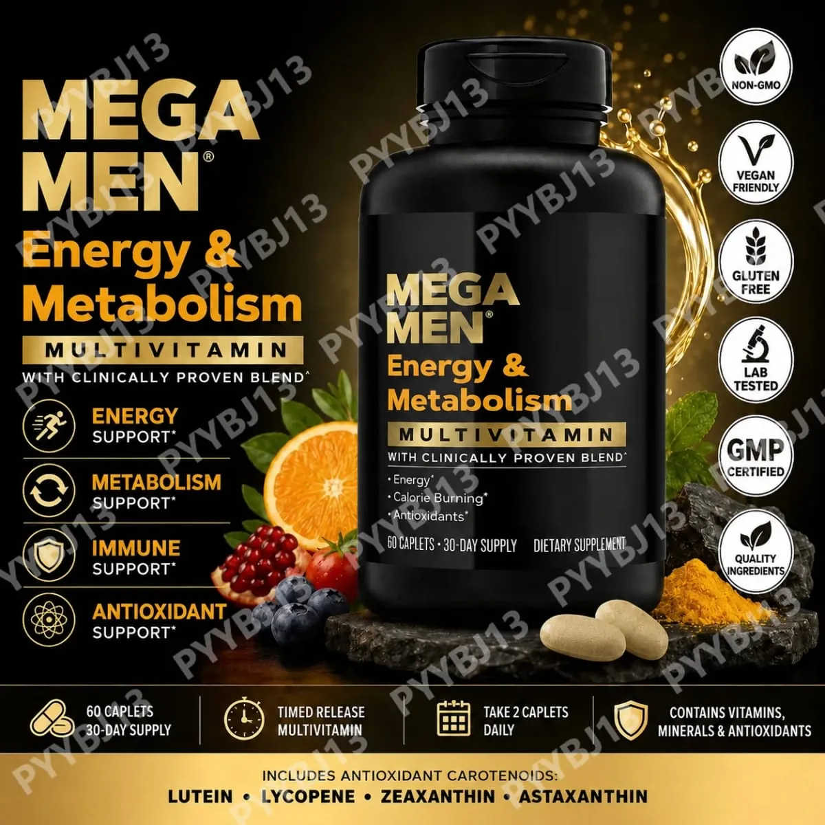 Mega Men Energy & Metabolism Multivitamin Caplets with Lutein Lycopene Zeaxanthin Antioxidants Vitamins Minerals 60 Caplets