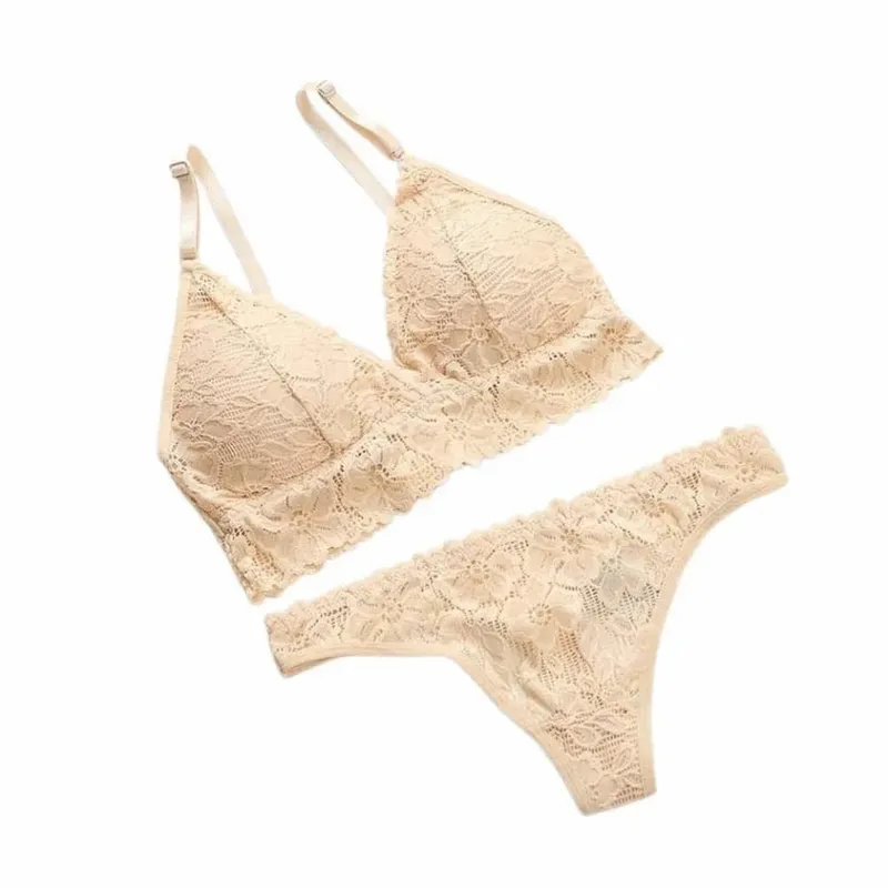 Underpants V Neck Lace Flower Bra Set Solid Color Thong Floral Panties Bra Kit Lingerie T-Back Lace Underwear Women — image 8