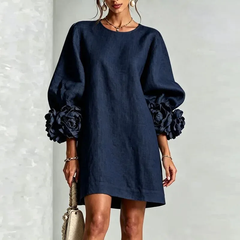 Women Solid Mini Dress Round Neck Puff Sleeve 3D Flower Cuff Loose Shift Dress Elegant Vacation Party Daily Casual Short Dresses