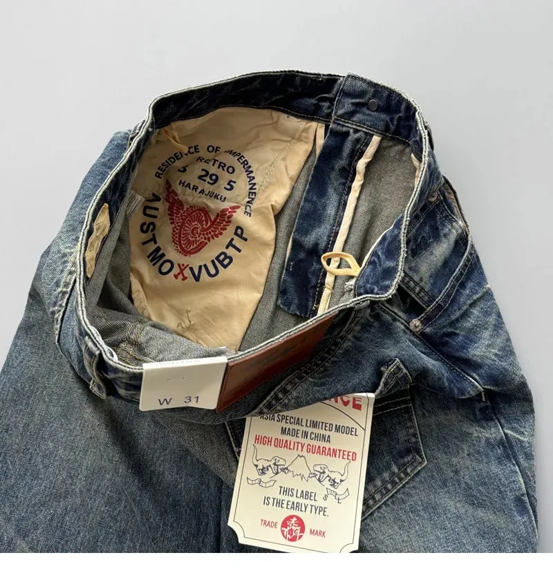 2026 Spring New Arrival Light Blue Straight-Leg Denim Jeans for Men American Retro Washed Blue Denim with Whisker Effect Pants