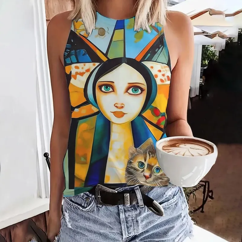 Summer Funny Face Cat 3D Print Tank Tops