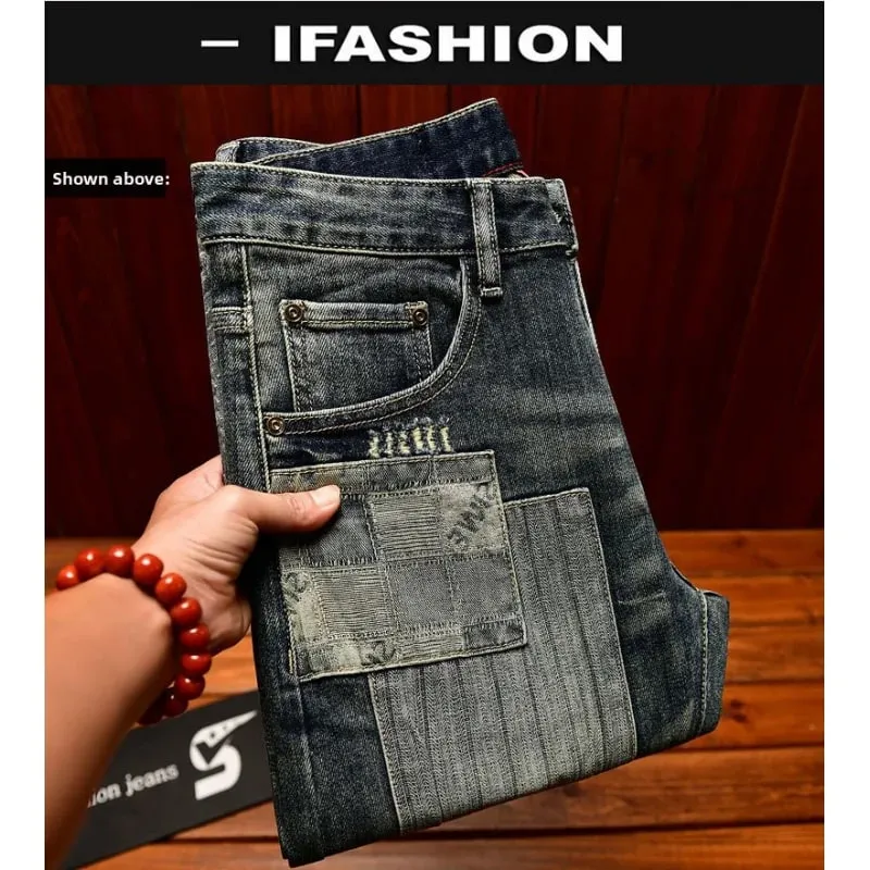 Retro and nostalgic patchwork design jeans for men trendy and fashionable street men's clothing slim fit small foot long pants