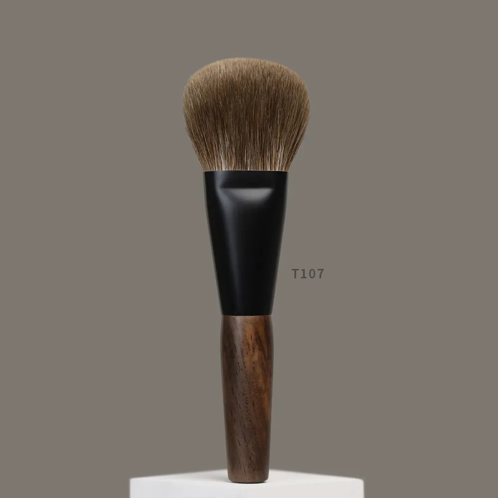 T107 pinceaux de maquillage professionnels faits à la main poils de chèvre naturels pinceau rond plat pour poudre pour le visage manche court en bois d'ébène pinceau de maquillage