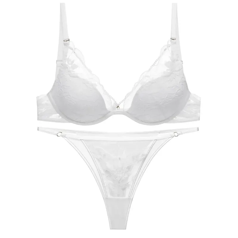 Women Sexy Lace Bra Set Push Up Pearl Lingerie Thong Set Elegant Ladies Underwear Micro Bikini Bra and Panty Set