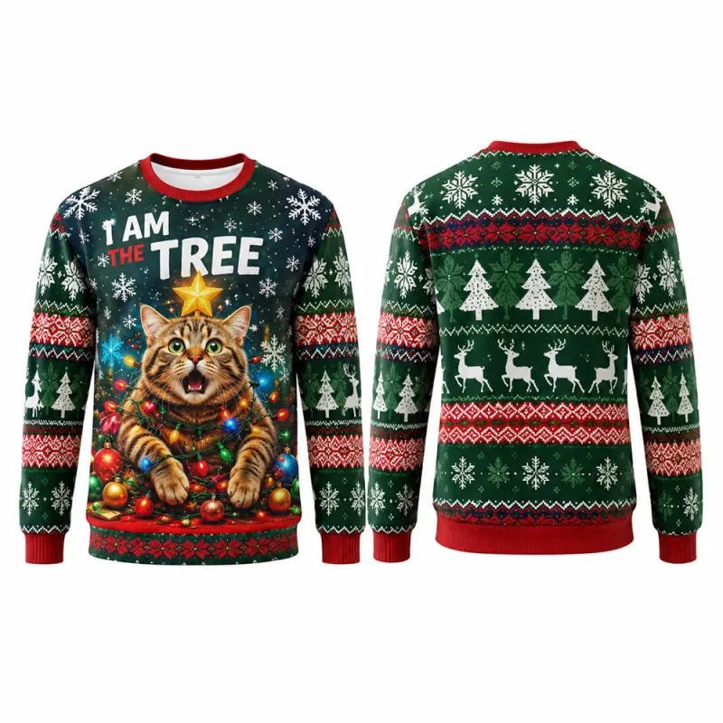 I Am The Tree Cat Christmas Sweatshirt 3D Graphics Crew Neck Long Sleeve Men Women Funny Ugly Xmas Holiday Party Autumn Pullover