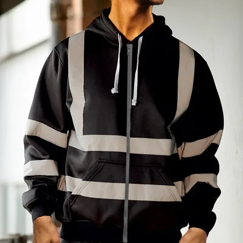 Reflective Work Safety Men Hoodies Drawstring Loose Zipper Jacket Autumn Thin Fleece Hooded Pullover Coat Casual Work Sweatshirt