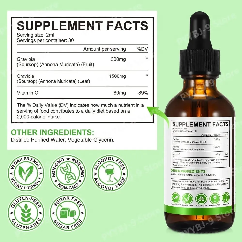 Acentiallabs Hot Sale 60ml Soursop Bitter Liquid Drops Dietary Supplements 100% Pure Organic Soursop Graviola Extract for Adlut — image 3