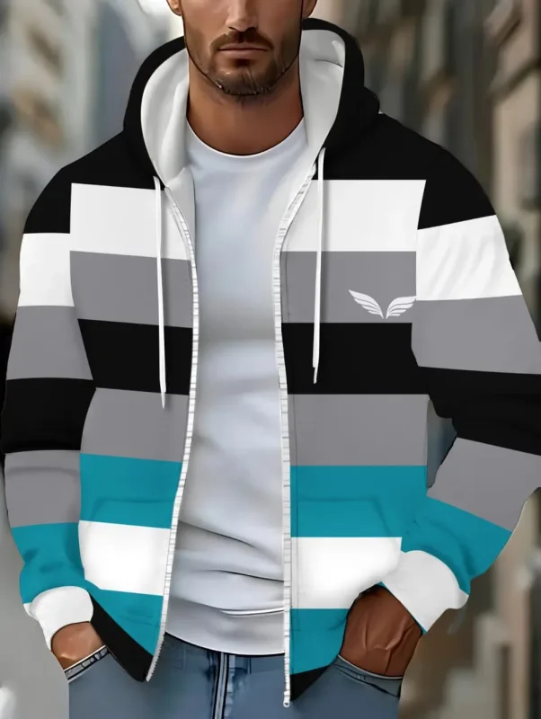 Hoodies for Man Striped Print Full Zip Sweatshirt Outdoor Wear Man Hoodie Fashion Casual Loose Sports Tops Pullover Man Clothing — image 5
