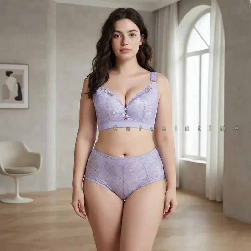 Women Plus Size Lace Bra Panty Set Underwire Full Cup Push Up Anti-Sagging Lingerie Suit Adjustable Wide Strap Large Bust Suppor — image 3