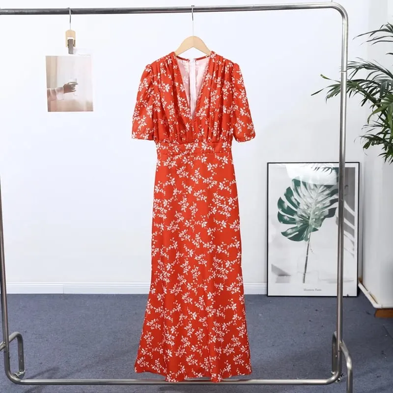 Sexy Deep V-neck Women's Floral Print Dresses 2026 Summer Elegant Waist-cinching Short Sleeve Pleated Long Robes Ladies Dress