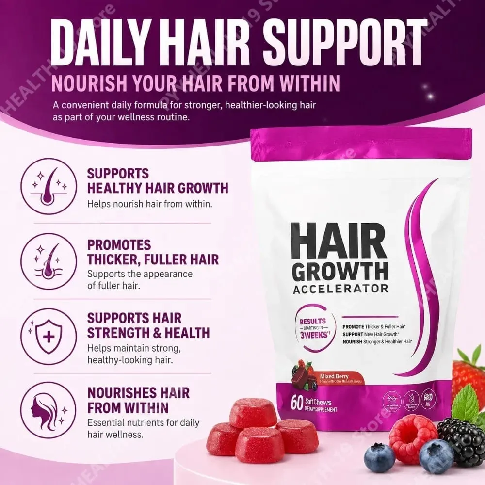 Hair Growth Soft Chews – Vitamin C & E Supplement for Thicker Fuller & Healthier-Looking Hair – Berry Flavor – 60 Soft Chews