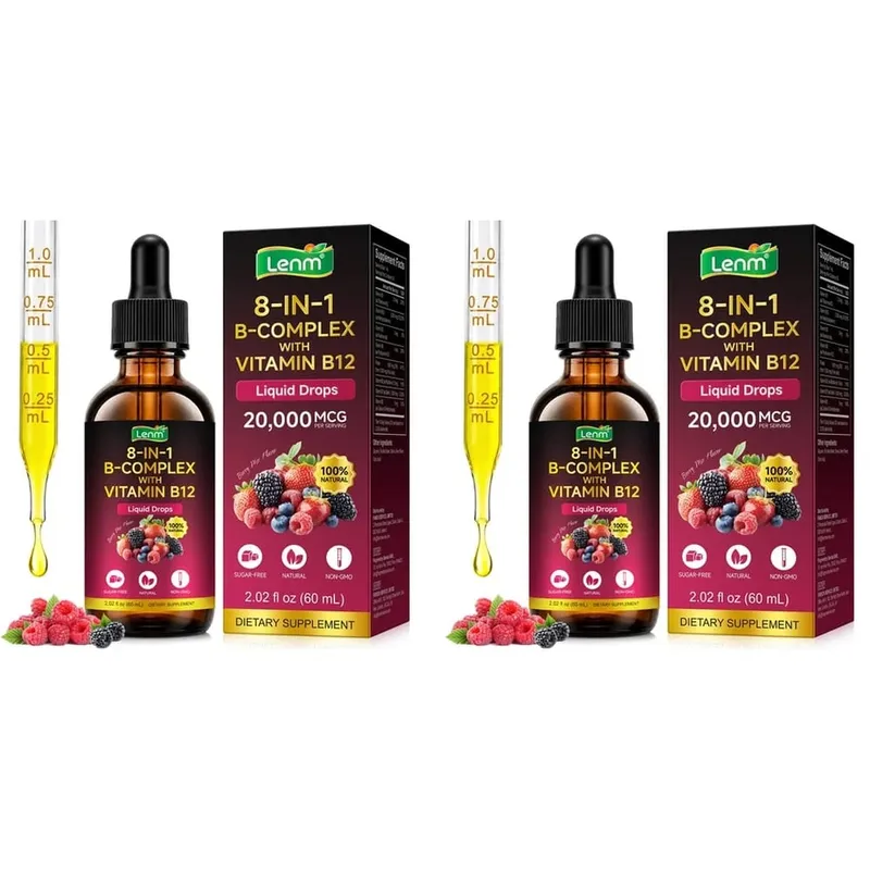 Lenm Vitamin B12 B-Complex Liquid Drops 8-in-1 Supports Nervous System Immune Health and Daily Energy 60 ML Sugar-Free Non-GMO