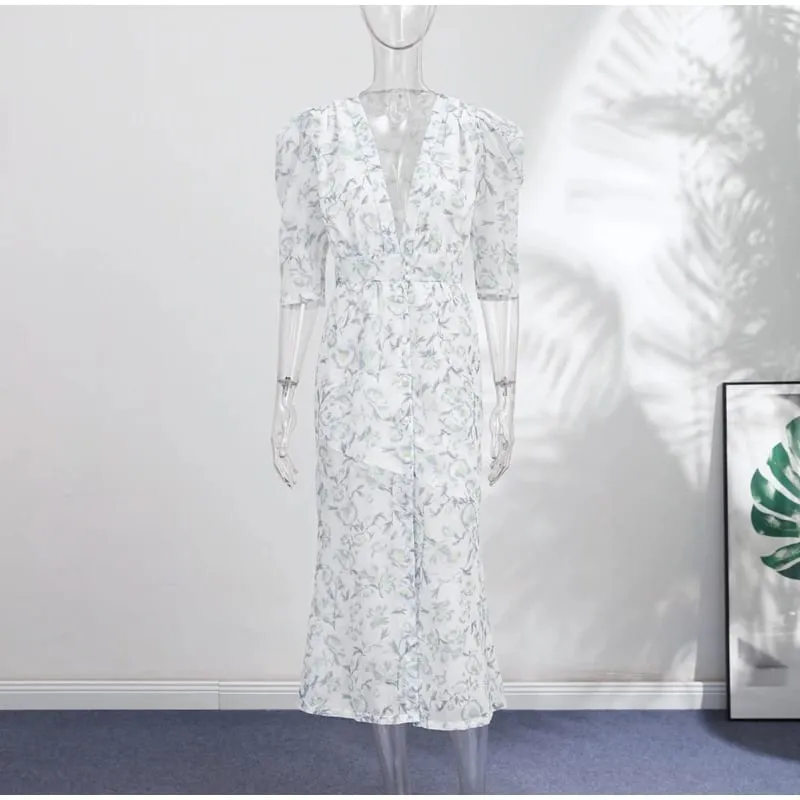Lace Spliced Satin Midi Dress Waist Cinched Peplum V-Neck Puff Sleeve 2026 Summer Elegant Women Gown Causal Fashion Lady Vestido
