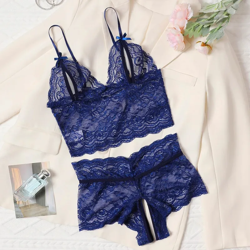 Open Bra 2 Pcs Women Lace See-Through Pajama Black Cute Clothes Comfortable Breathable Suspender Shorts Bra And Brief Set Hollow