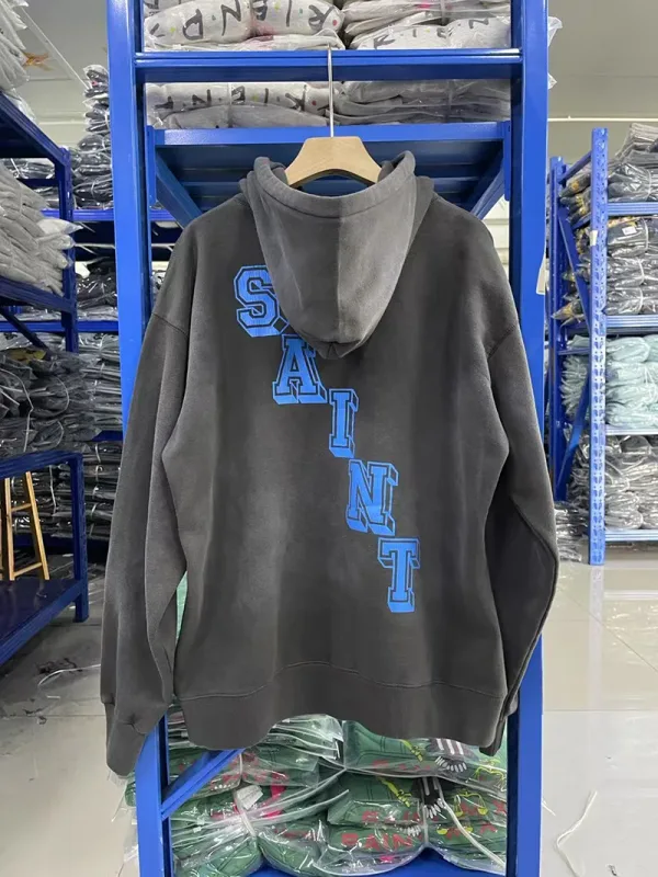 25FW Washed Grey SAINT Hoodies Men Woman Oversize Streetwear Damaged Hooded Pullovers Graphic Print Sweatshirts