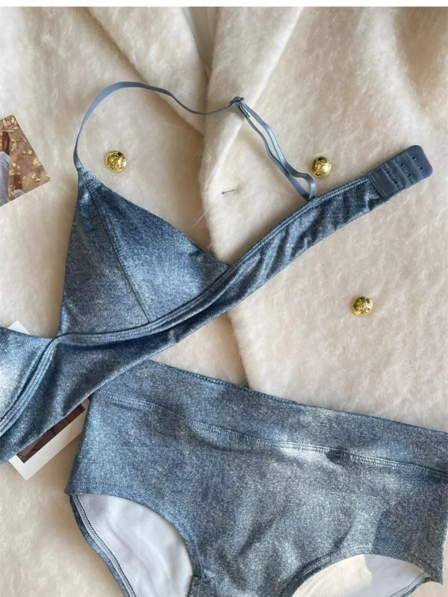 Triangle cup imitation denim thin section underwear female beauty back lingerie gathered to collect breasts comfortable bra set