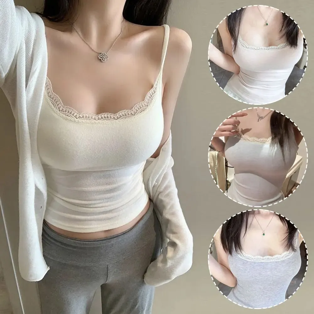 Women Lace Trim Camisole With Built-in Bra Padded Elastic Slim Vest Fit Tank Top Sleeveless Spaghetti Strap Cami Top Daily Wear