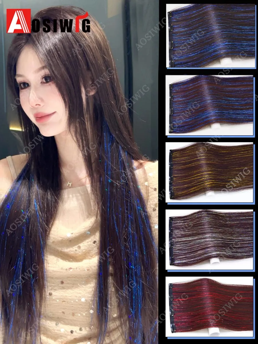 Blue Glitter Tinsel Clip in Hair Extensions One Piece Straight Synthetic Hairpiece with Sparkle Strands for Women Party Daily