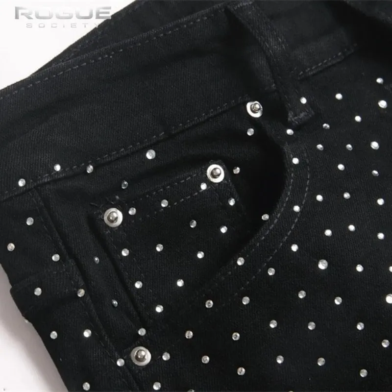 Punk Flame Rhinestone Jeans Men Harajuku Black High Street Elastic Streetwear Y2K Grunge HipHop Casual Denim Pants Unisex Edgy — image 6