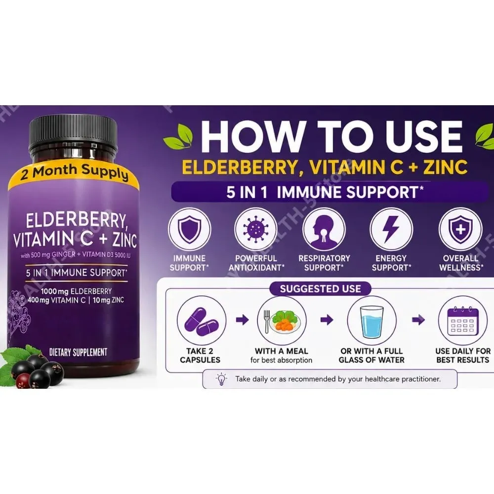Elderberry Capsules with Vitamin C Zinc D3 Ginger Sambucus Black Elderberry Herbal Blend Daily Wellness Support for Adults — image 6