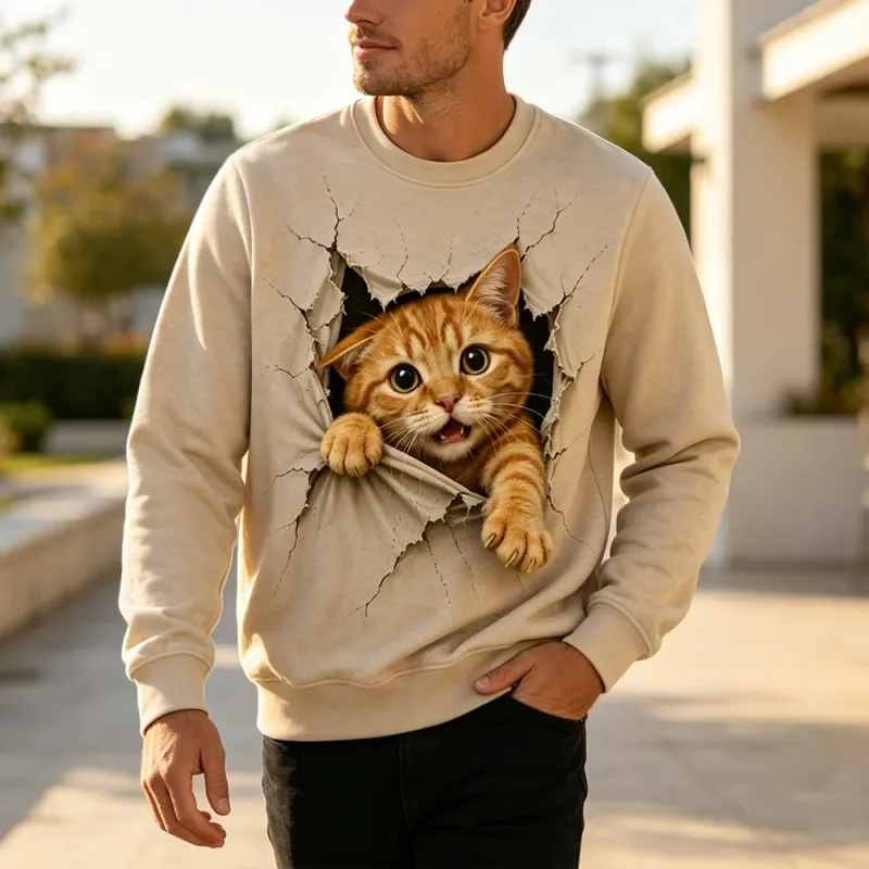 Funny 3D Visual Cat Print Sweatshirt Cute Animal Breaking Through Wall Graphic Pullover Tops Men Casual Long Sleeve Streetwear