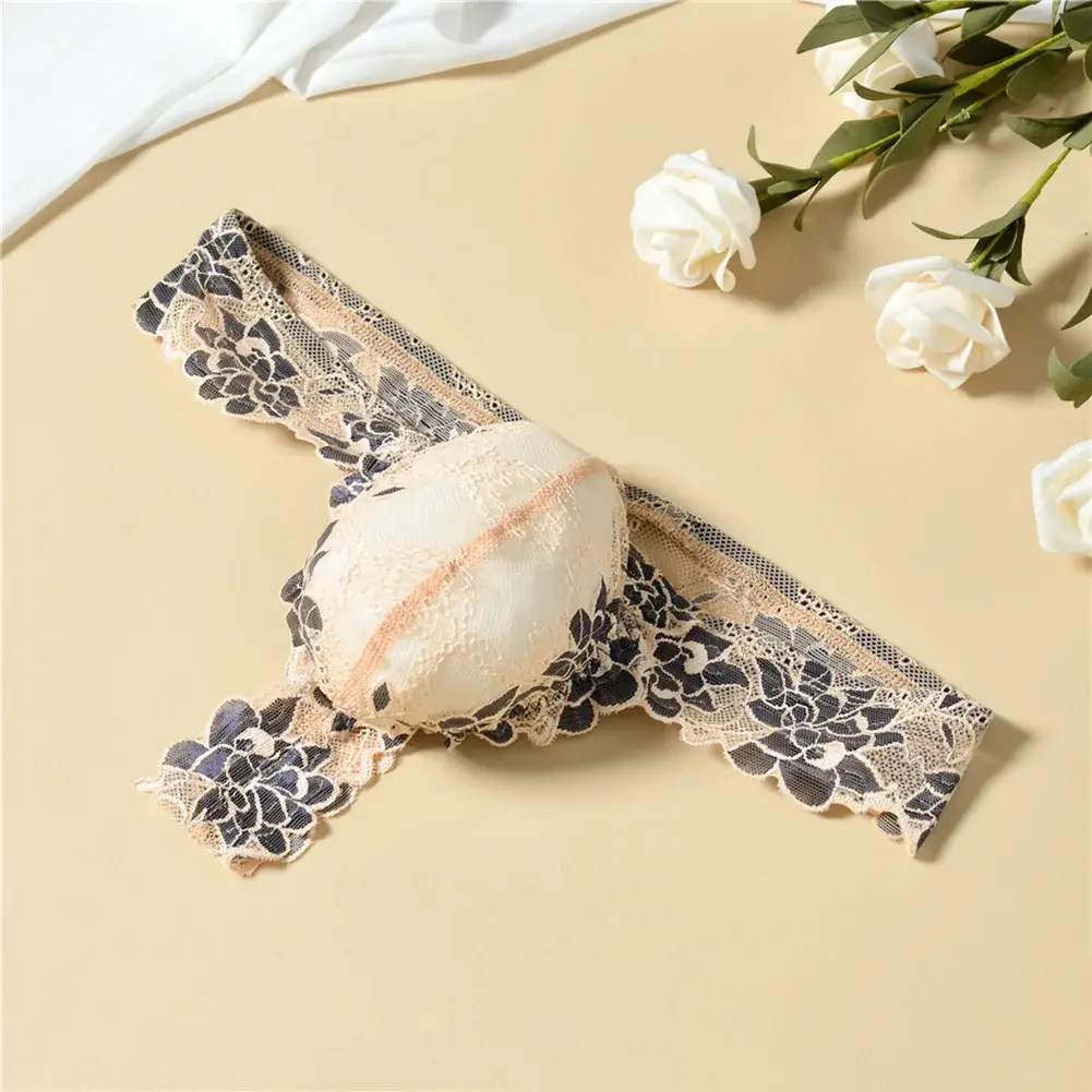 Men Floral Lace Thong Low Rise Elastic Waist G‑String Breathable See‑Through Floral Print Male Underwear Sexy Lingerie Panties