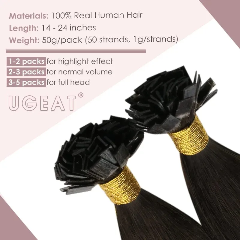 Ugeat FLAT TIP ต่อผมมนุษย์ผม Pre-Bonded Hair Extensions 14-24 "Keratin FLAT Human Hair balayage สีผม 1g/1 S