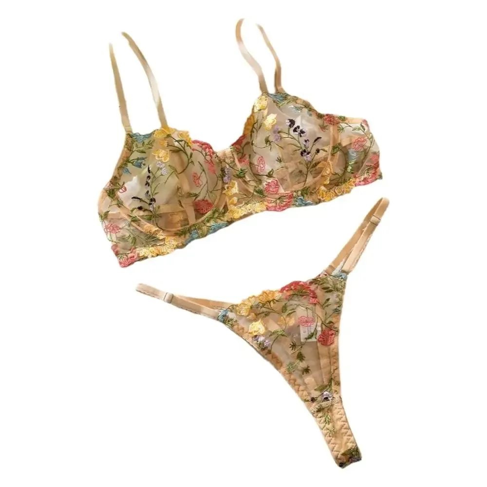 2-Piece Versatile Floral Lingerie Set Embroidery Sheer Boho Bra Panty Set Wireless Bra — image 2