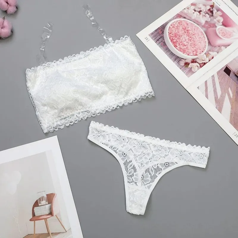 Lace Sheer Flower Thong Bra Set Embroidery Invisible Straps Floral Panties Bra Kit Hollow Lingerie Underwear for Women Women