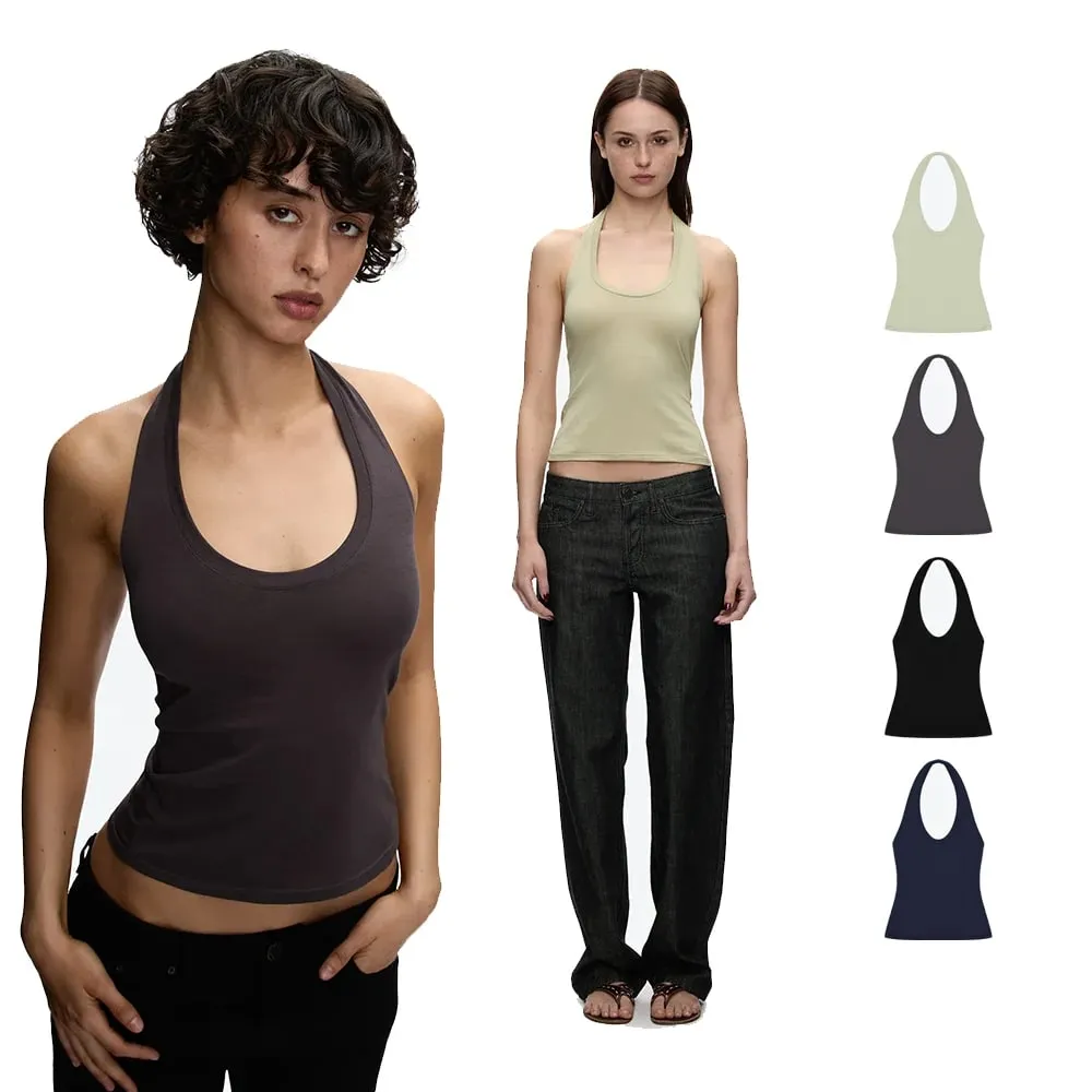 Tank Halter Neck Camisole High Elasticity Slim Fit Backless Top U-Neck Halter Backless Slim Fit Camisole Versatile Outerwear Base Shirt Spicy Girl Style Sleeveless Top