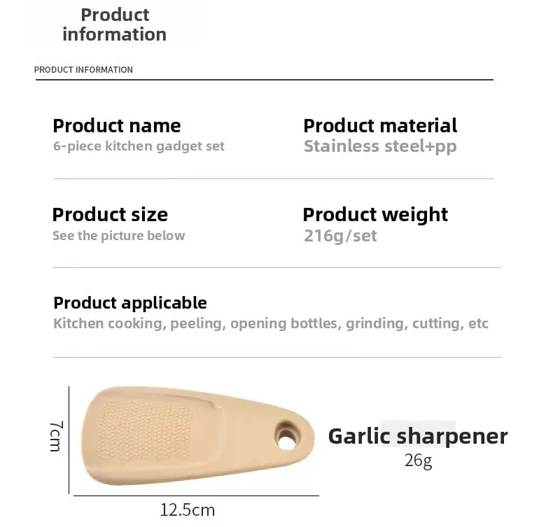 Küchenhelfer-Set bestehend aus 6-teiligem Pizzamesser, Vanilleschneider, Abfüller, Zerkleinerer, Knoblauchmühle
