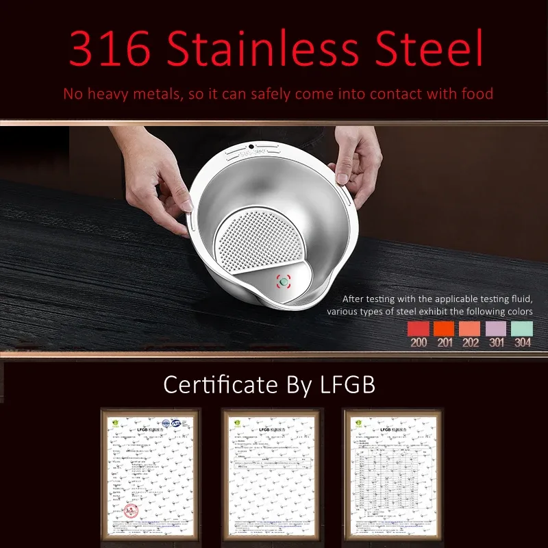 LFGB Certification Pure 316 Stainless Steel Kitchen Washing Basin 99.9% Anti-bacterial Vegetable Fruit Washer with Strainer