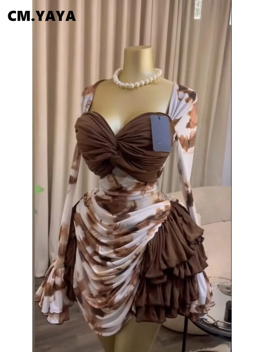 CM.YAYA Kvinder Tie Dye Print Cascading Flæser Bell Langærmet Bodycon Ruched Draperet V-hals Kjole Ferie Strand Ferie Kjoler — image 3