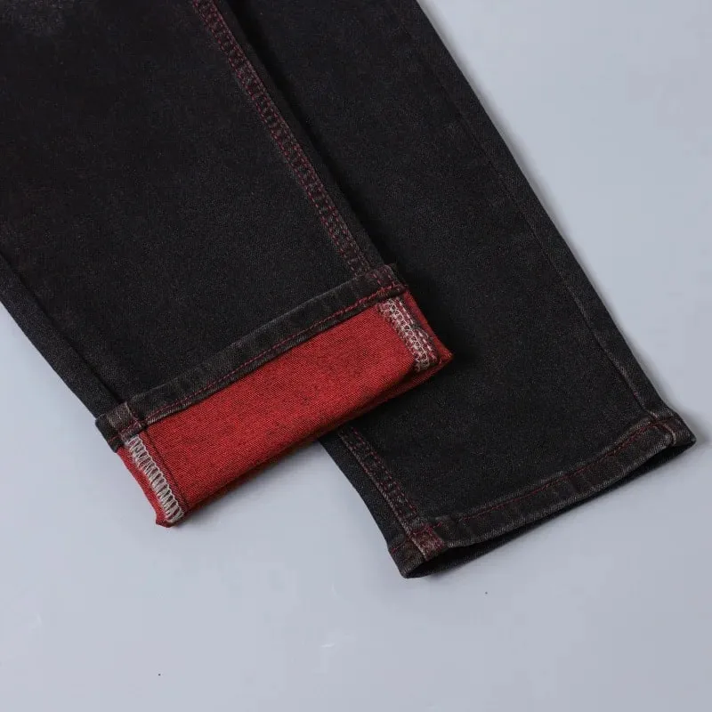 Men's Black Stretch Jeans for Spring and Fall Denim Pants with Red Ripped Details Asian Sizes 28–42. — image 5